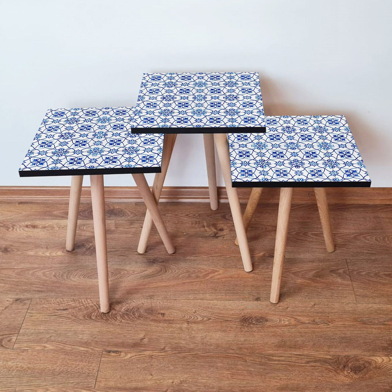 Set masute 3 piese, Leona, 3Shp37, Bleumarin / Albastru / Alb