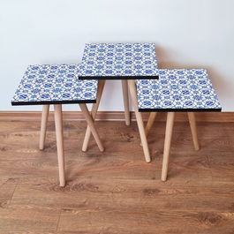 Set masute 3 piese, Leona, 3Shp37, Bleumarin / Albastru / Alb