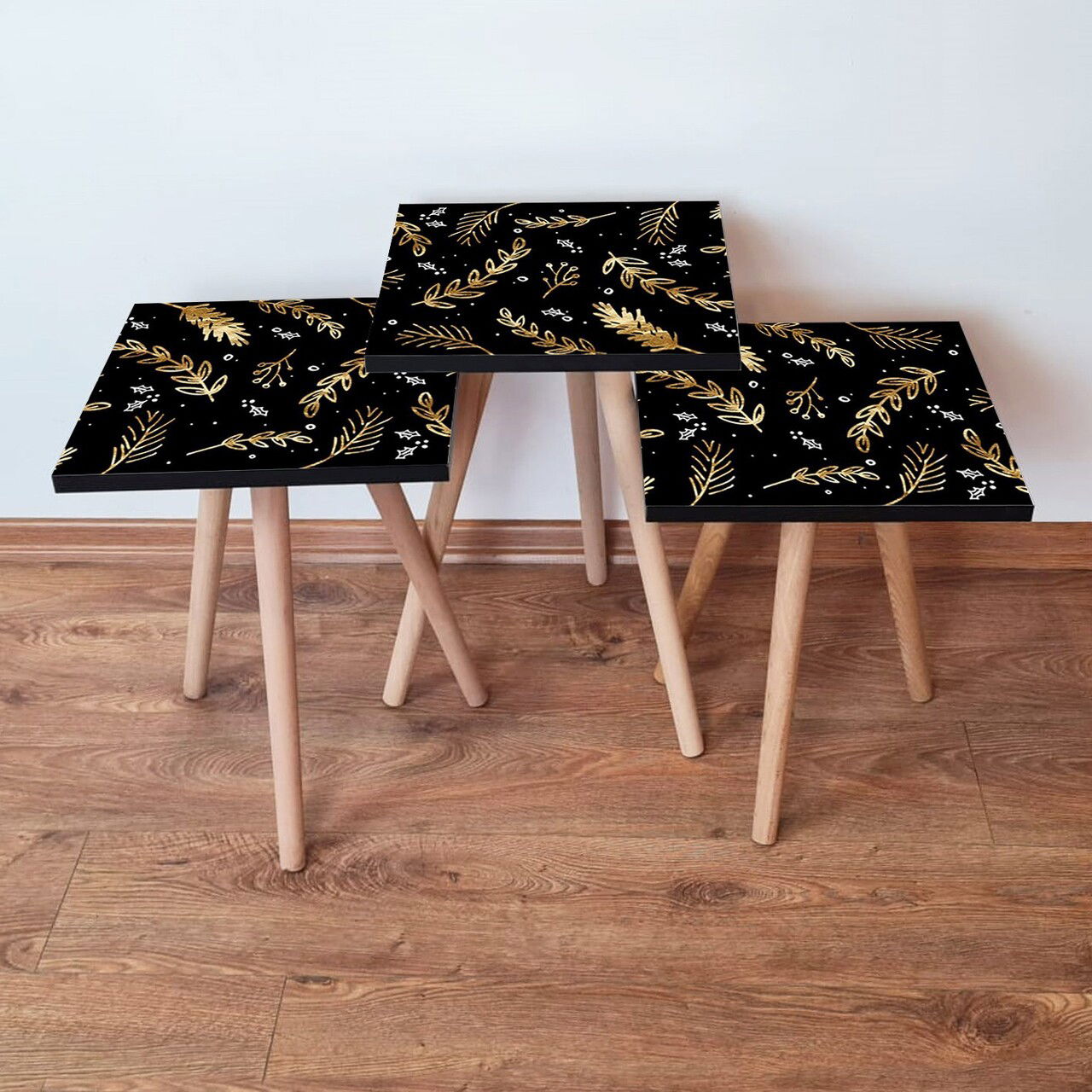 Set masute 3 piese, Leona, 3Shp382, Negru / Auriu / Alb