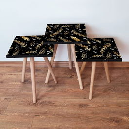Set masute 3 piese, Leona, 3Shp382, Negru / Auriu / Alb