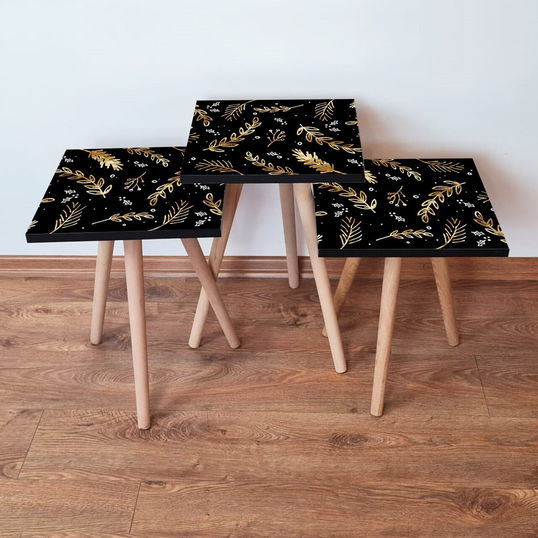 Set masute 3 piese, Leona, 3Shp382, Negru / Auriu / Alb