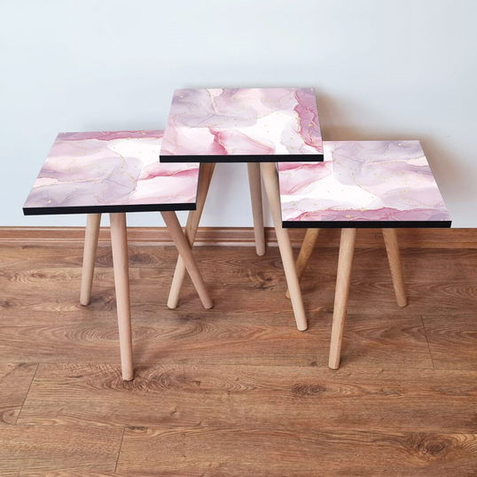 Set masute 3 piese, Leona, 3Shp383, Roz / Alb / Auriu