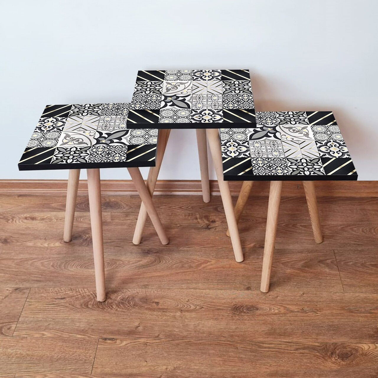 Set masute 3 piese, Leona, 3Shp384, Negru / Alb / Auriu