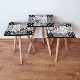 Set masute 3 piese, Leona, 3Shp384, Negru / Alb / Auriu