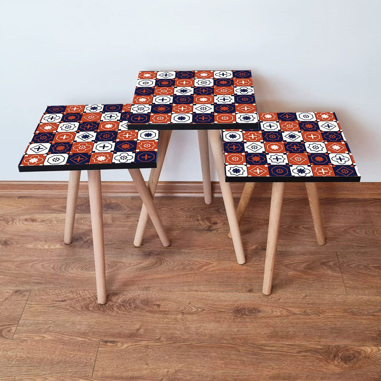Set masute 3 piese, Leona, 3Shp394, Alb / Bleumarin / Portocaliu