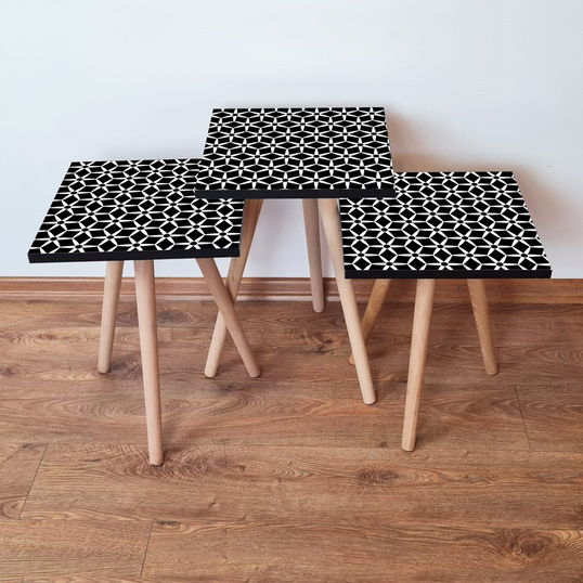 Set masute 3 piese, Leona, 3Shp395, Alb/Negru