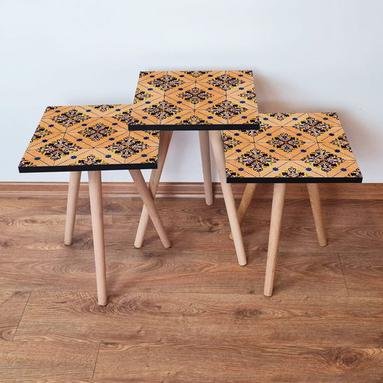Set masute 3 piese, Leona, 3Shp43, Somon / Albastru marin / Verde