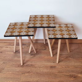Set masute 3 piese, Leona, 3Shp52, Portocaliu / Alb / Negru