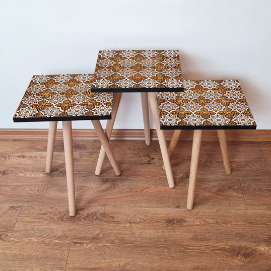 Set masute 3 piese, Leona, 3Shp52, Portocaliu / Alb / Negru