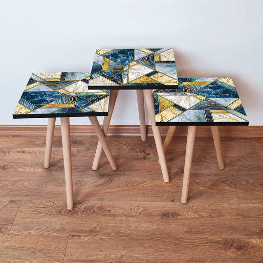 Set masute 3 piese, Leona, 3Shp84, Bleumarin / Albastru / Auriu / Alb
