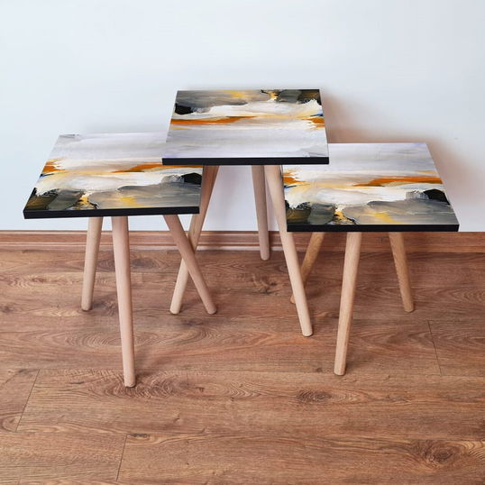 Set masute 3 piese, Leona, 3Shp96, Negru / Alb / Portocaliu