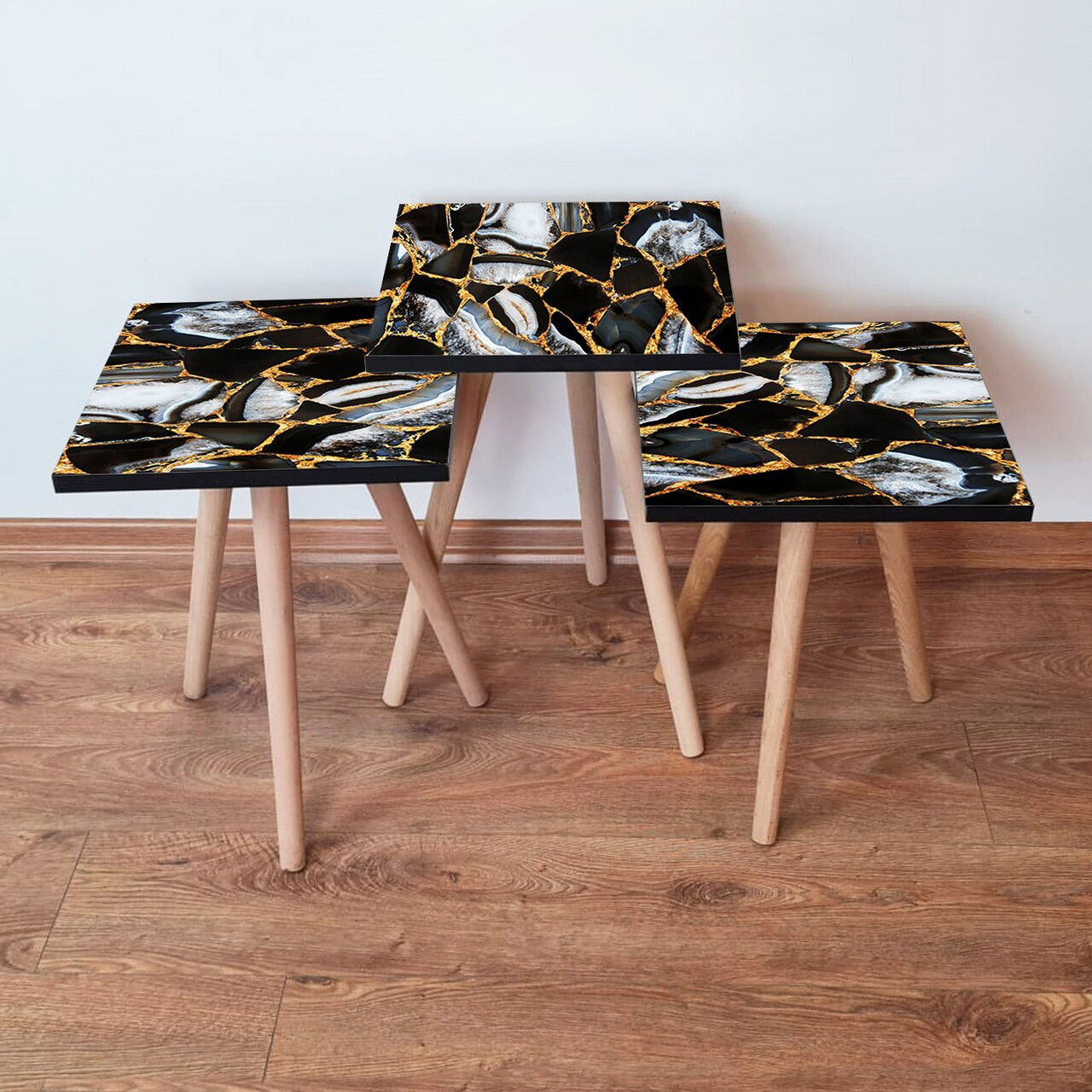 Set masute 3 piese, Leona, 3Shp99, Negru / Auriu / Alb