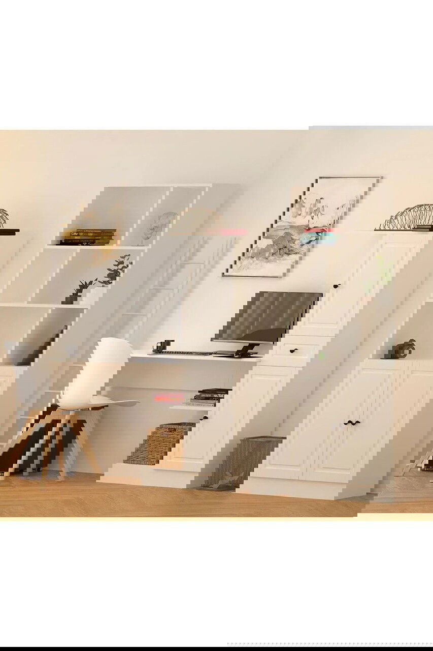 Set birou si biblioteca, Rabi, Rb1000401557, 155x150x40 cm, Alb mat