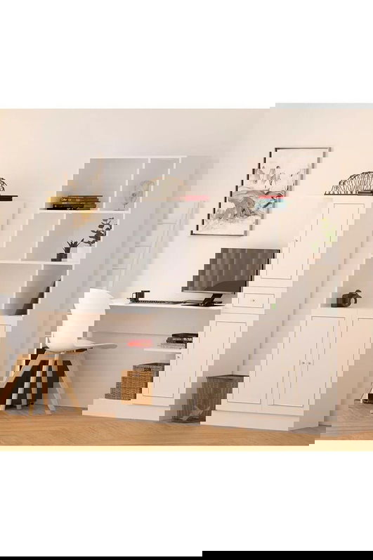 Set birou si biblioteca, Rabi, Rb1000401558, 155x150x40 cm, Alb mat