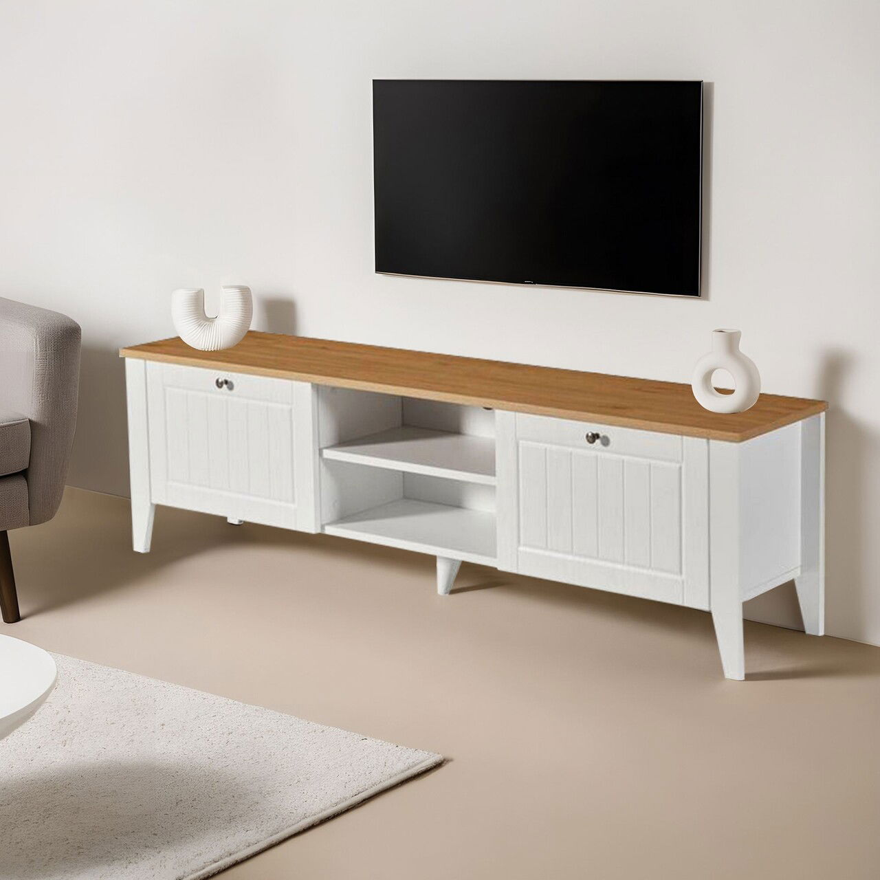 Comoda TV, Tuvalle, Tuval 081, 160x47x33 cm, Stejar alb