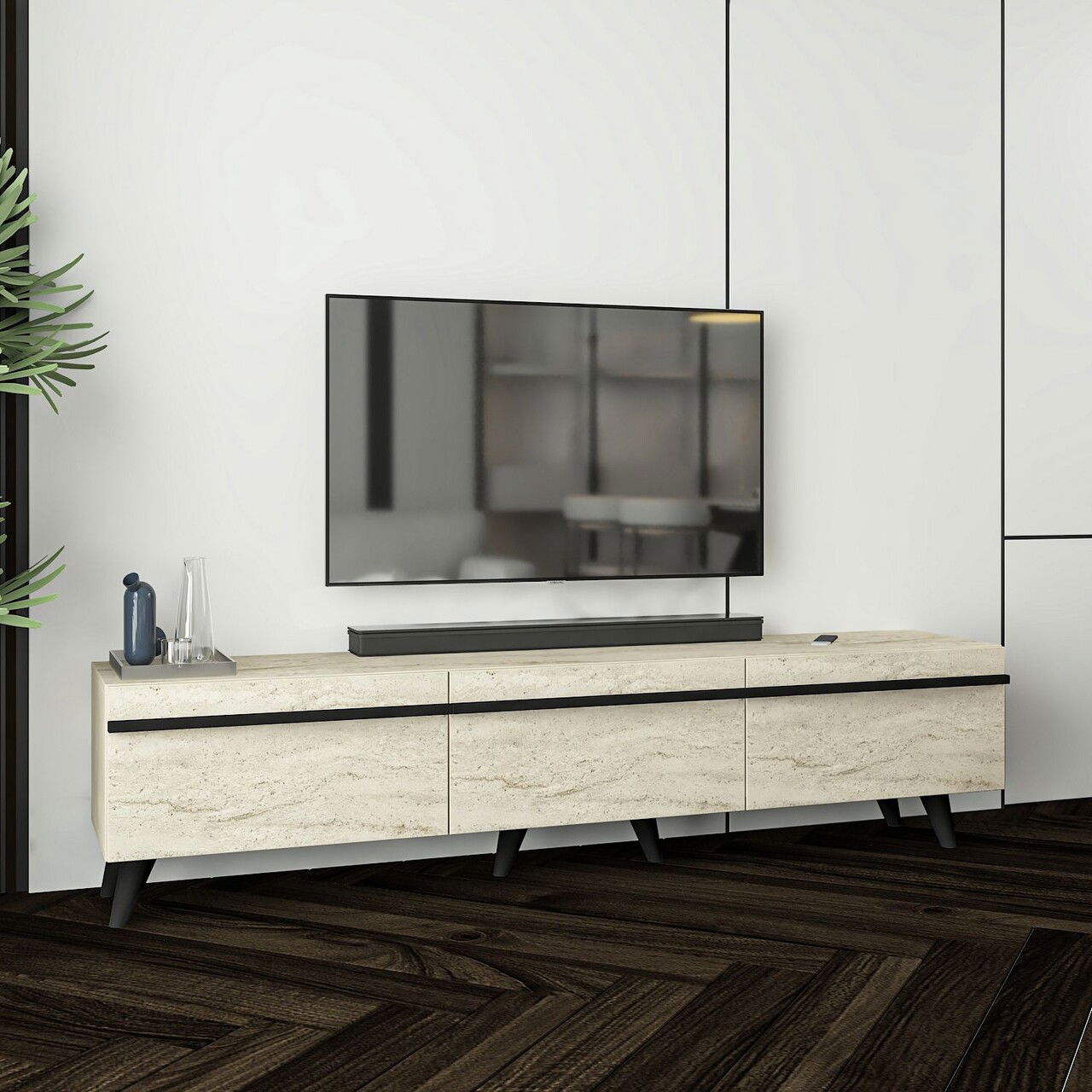 Comoda TV, Inarch, Amsterdam Style, Travertin / Negru