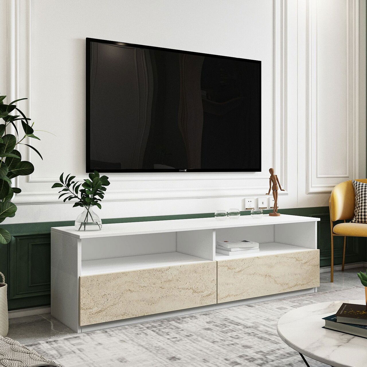 Comoda TV, Inarch, Centra, Alb / Travertin