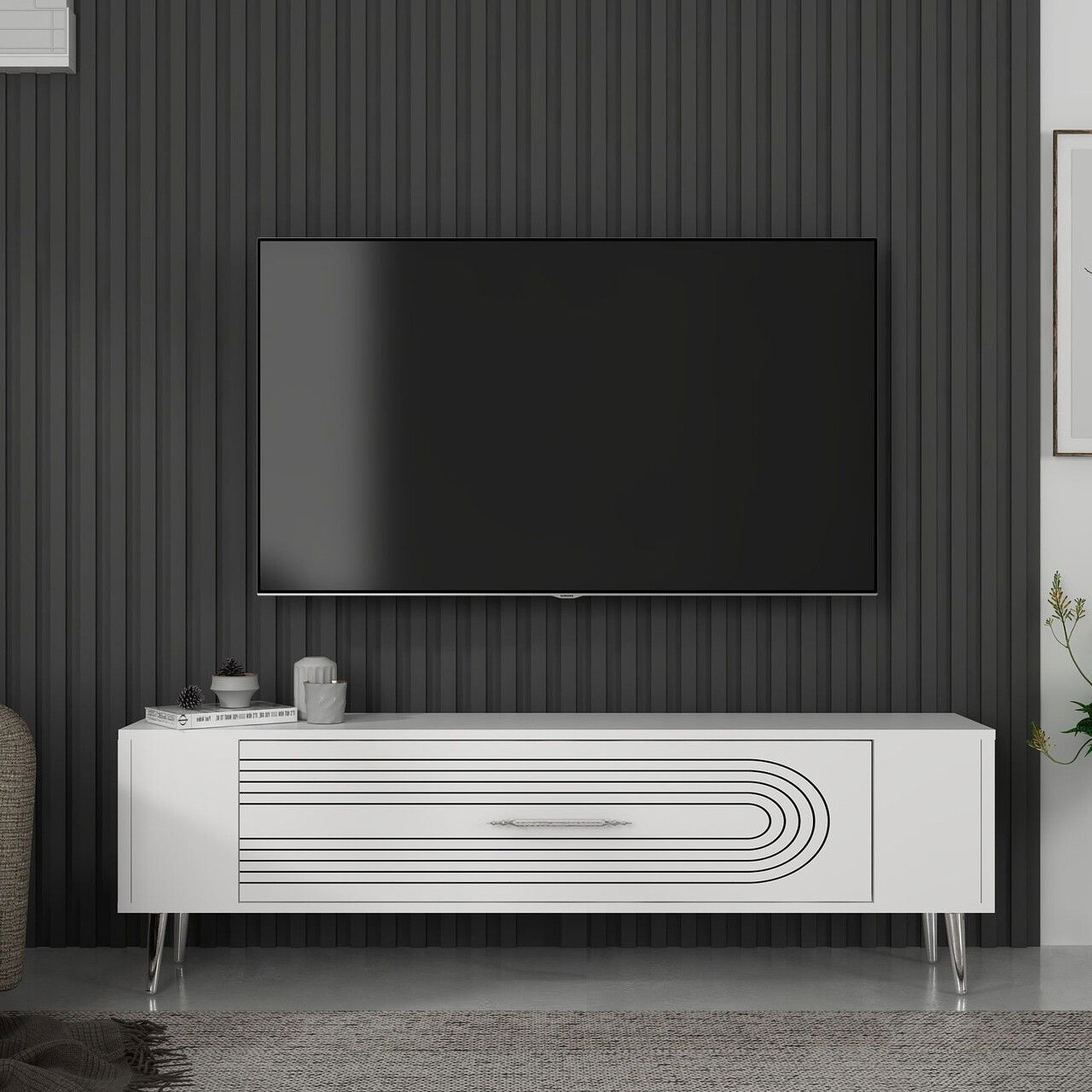 Comoda TV, Olivia, Retrol3, Alb / Argintiu