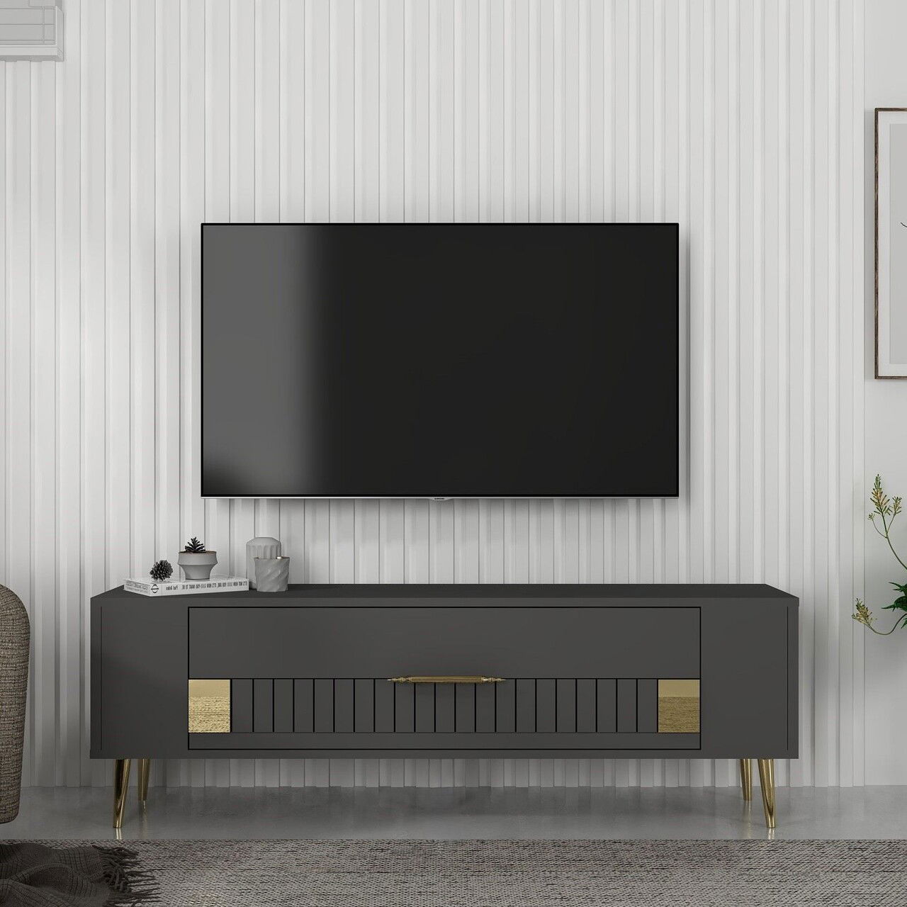 Comoda TV, Olivia, Retrolp4, Antracit / Aur