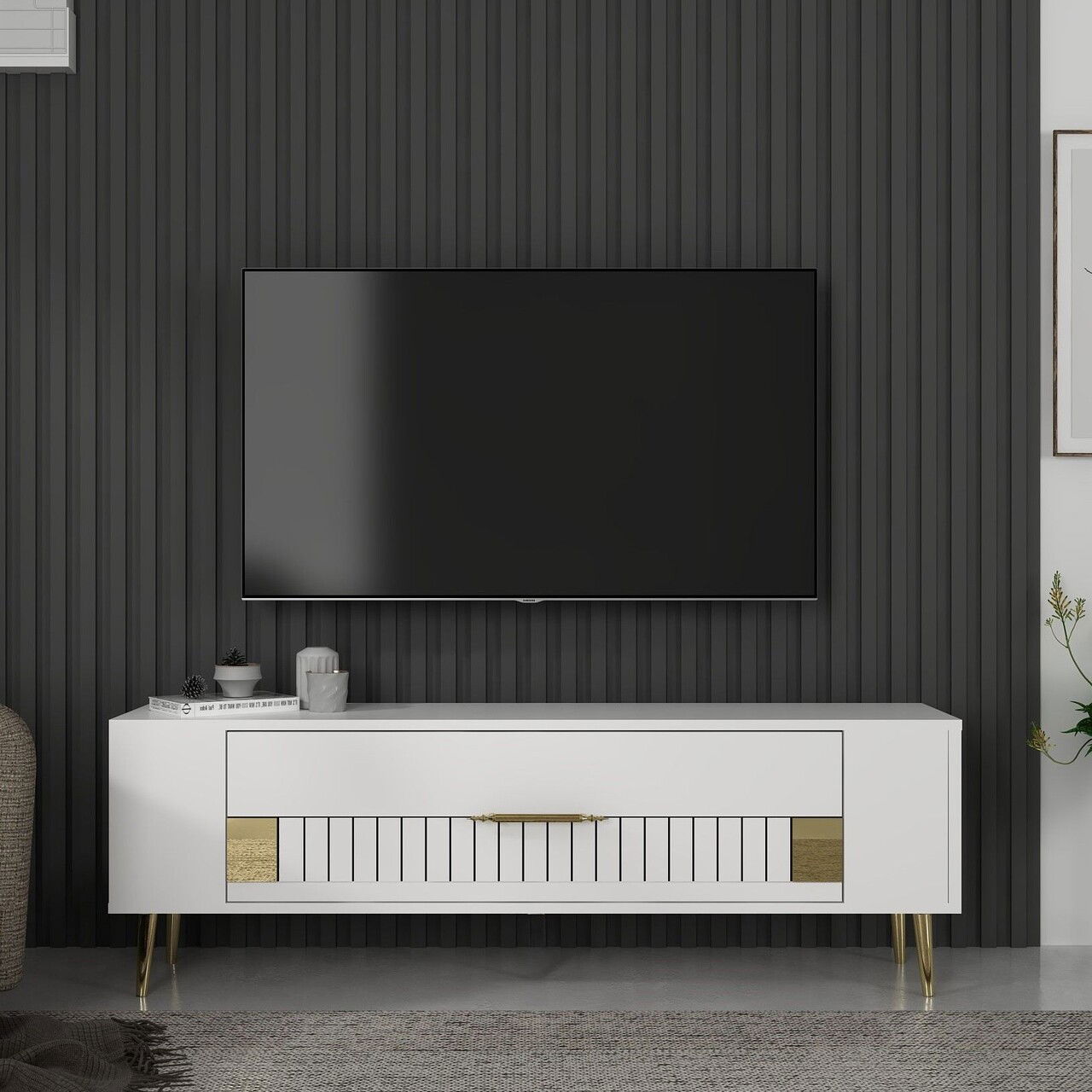 Comoda TV, Olivia, Retrolp4, Alb/Auriu