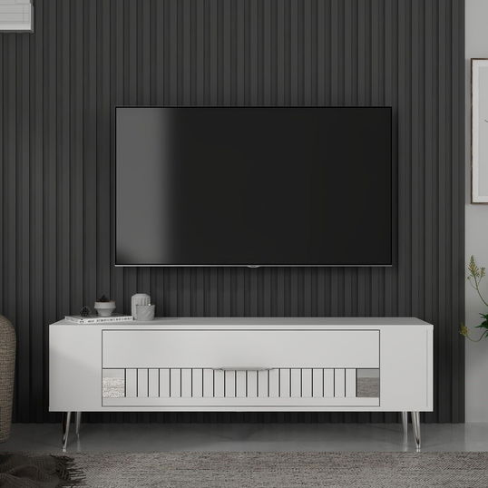 Comoda TV, Olivia, Retrolp4, Alb / Argintiu