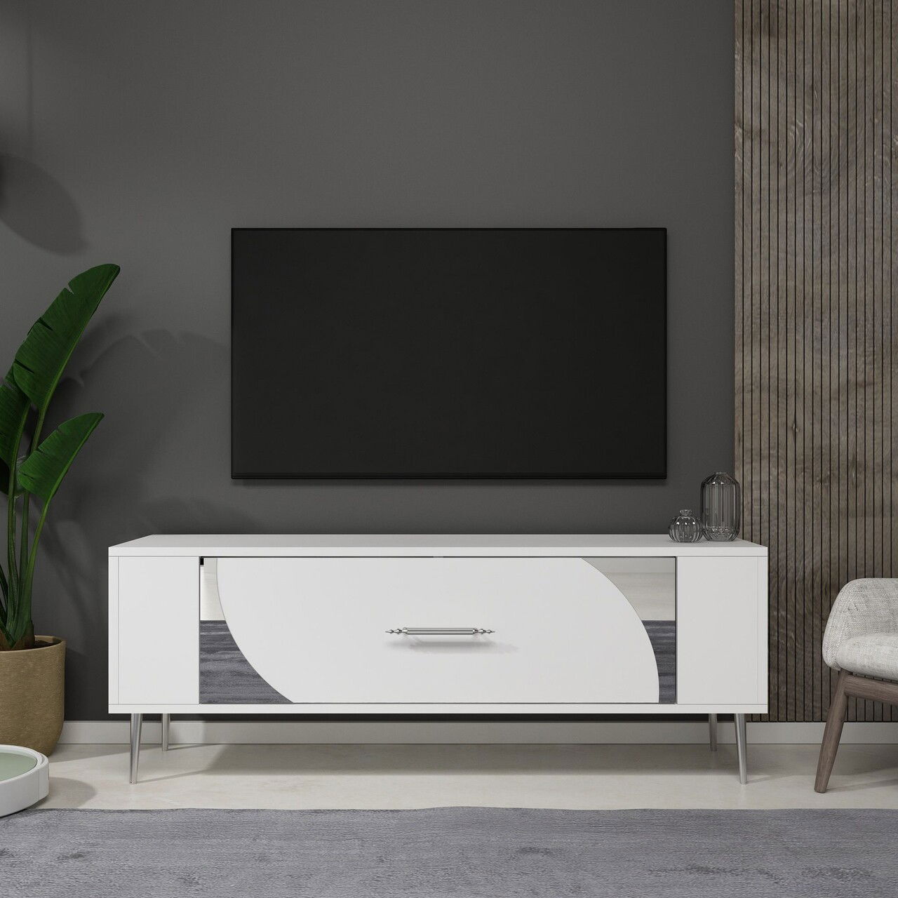 Comoda TV, Olivia, Retrop2, Alb / Argintiu