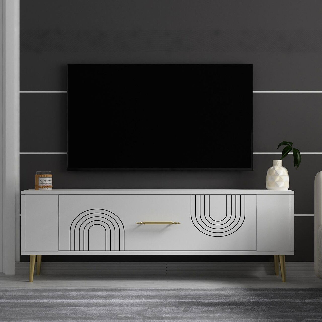 Comoda TV, Olivia, Retrol2, Alb/Auriu