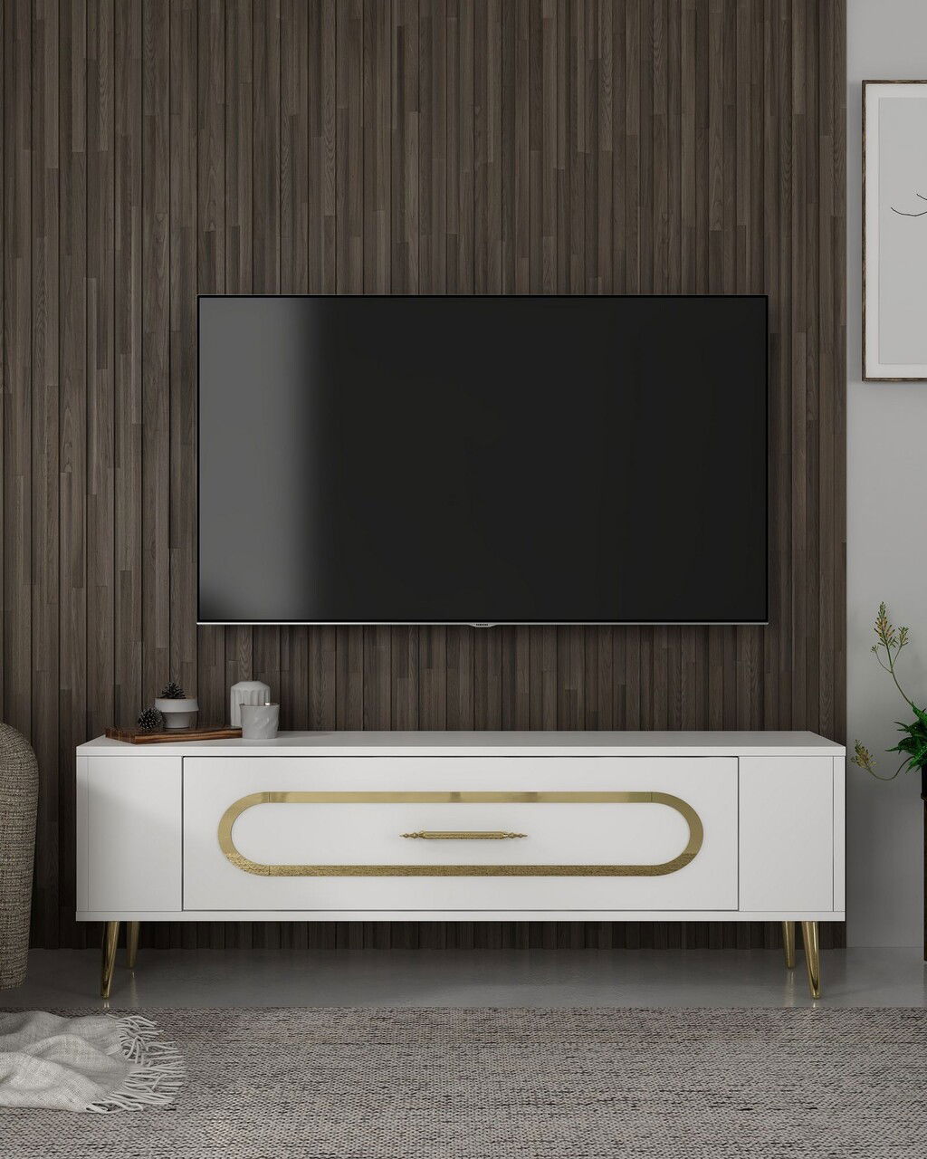 Comoda TV, Olivia, Retrop3, Alb/Auriu