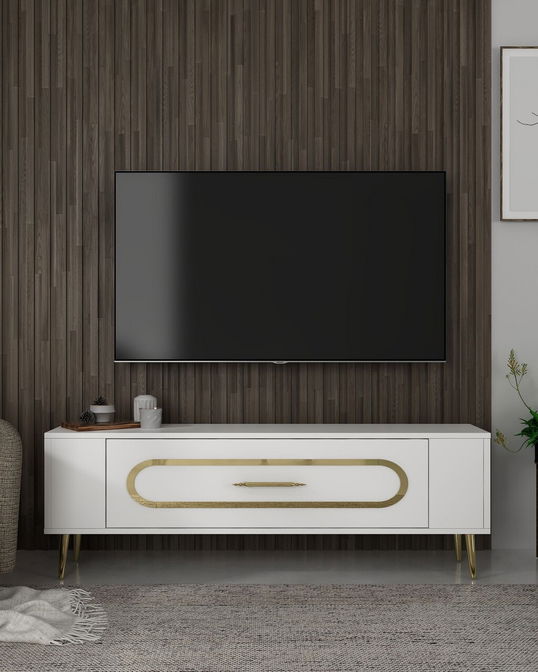 Comoda TV, Olivia, Retrop3, Alb/Auriu