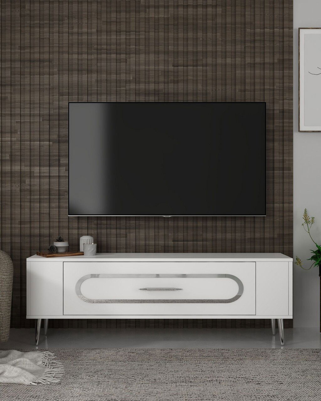 Comoda TV, Olivia, Retrop3, Alb / Argintiu