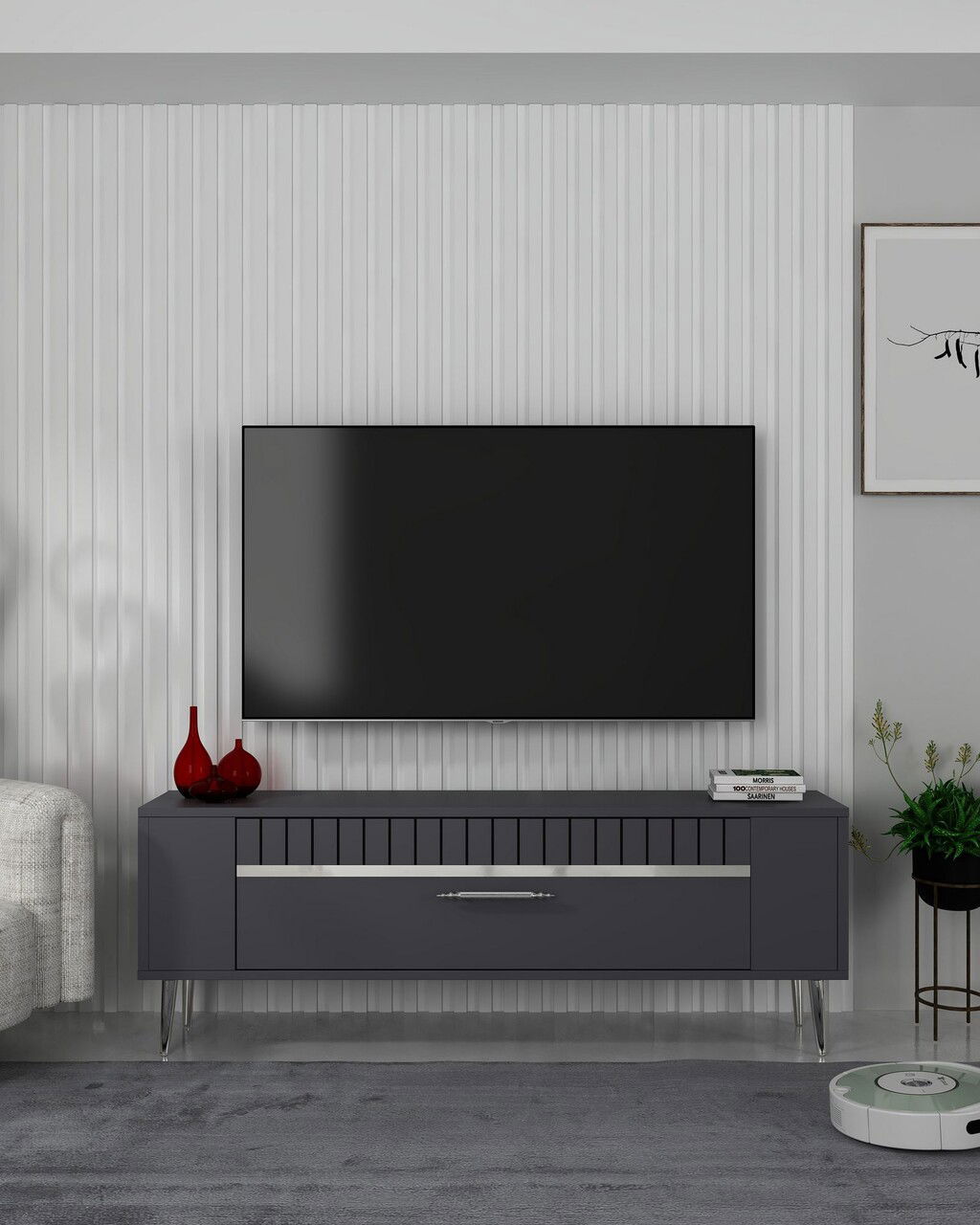 Comoda TV, Olivia, Retrolp1, Antracit / Argintiu