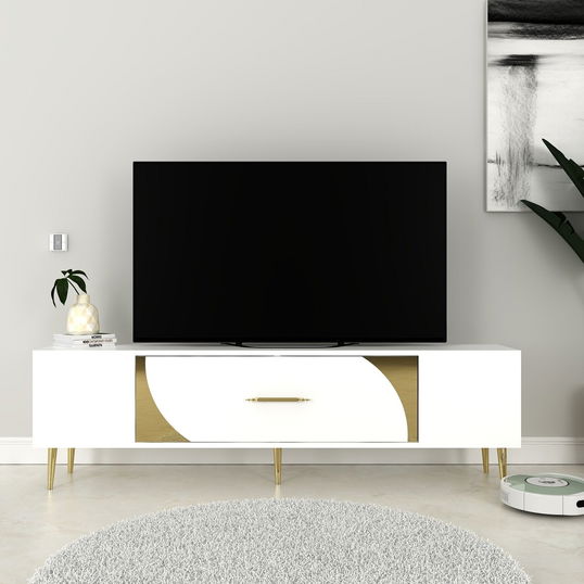 Comoda TV, Olivia, Dekop2, Alb/Auriu