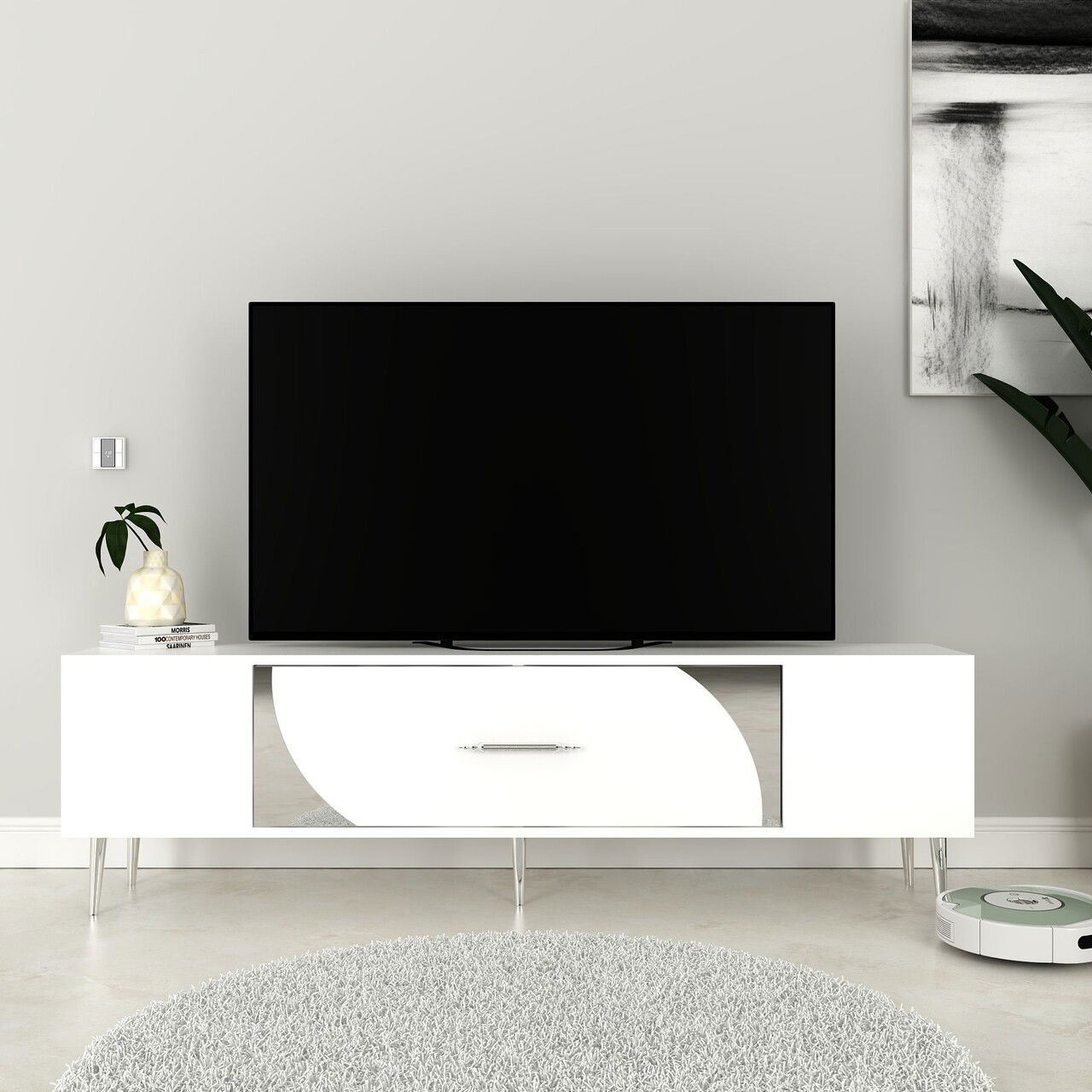 Comoda TV, Olivia, Dekop2, Alb / Argintiu