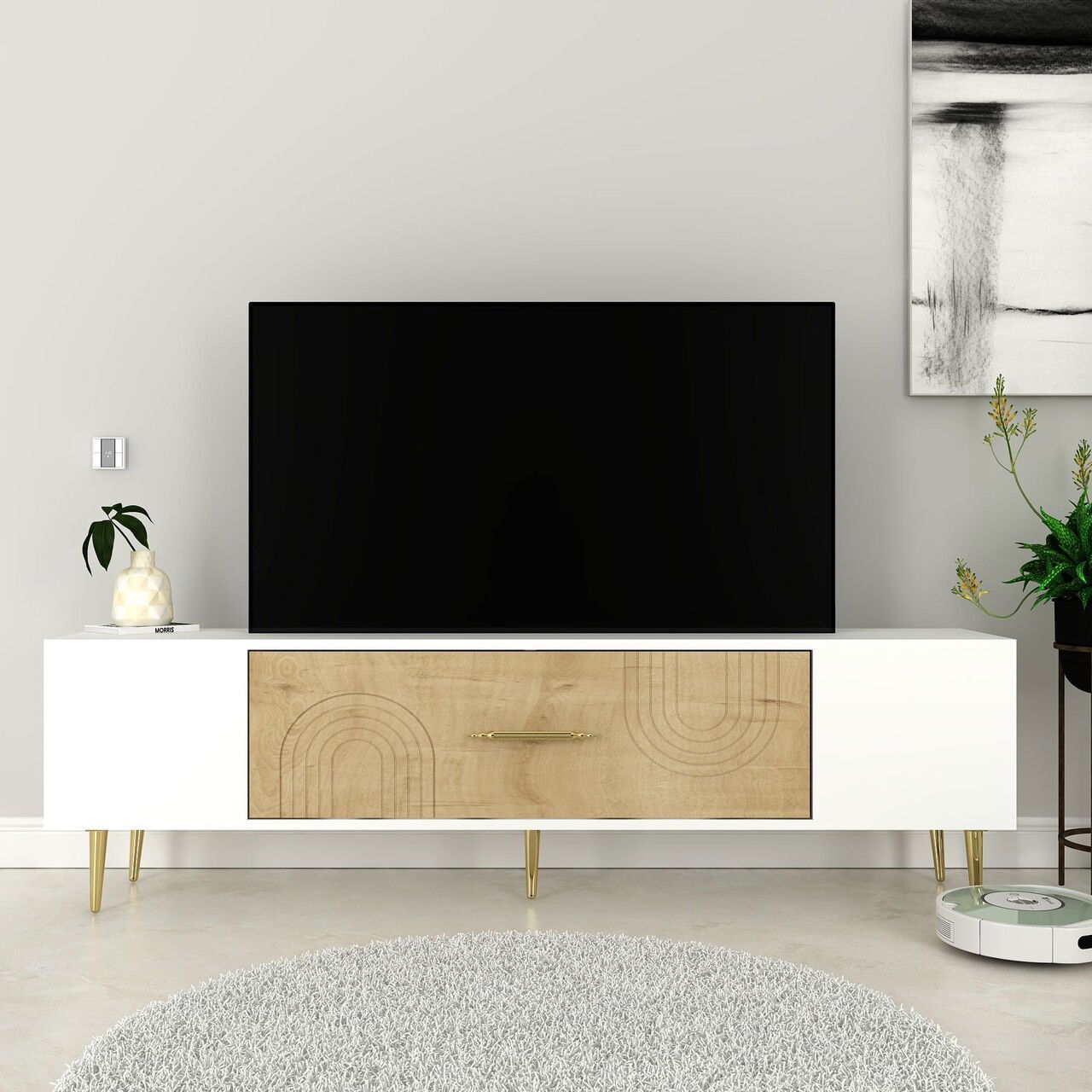 Comoda TV, Olivia, Dekol2, Stejar Safir / Alb / Auriu