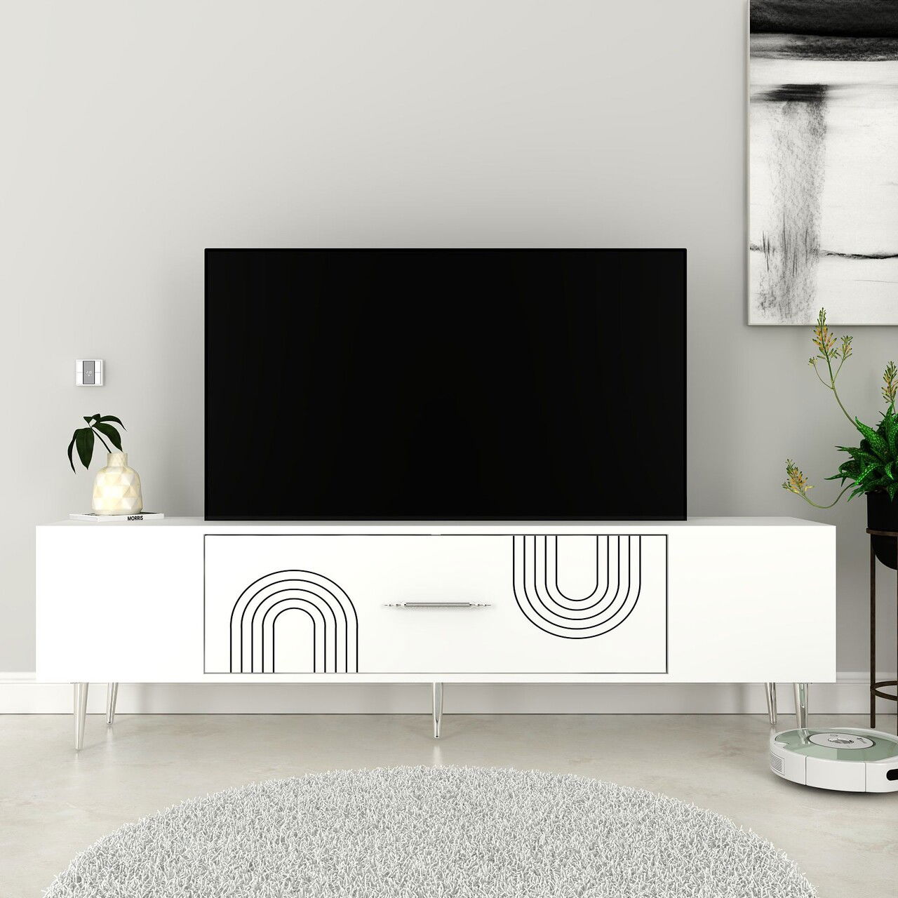 Comoda TV, Olivia, Dekol2, Alb / Argintiu