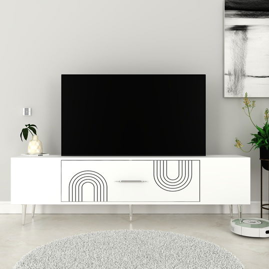 Comoda TV, Olivia, Dekol2, Alb / Argintiu