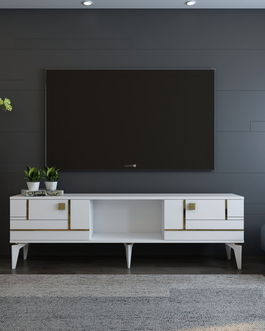 Comoda TV, Olivia, Madera, Alb/Auriu