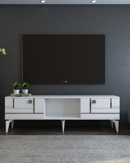 Comoda TV, Olivia, Madera, Alb / Argintiu