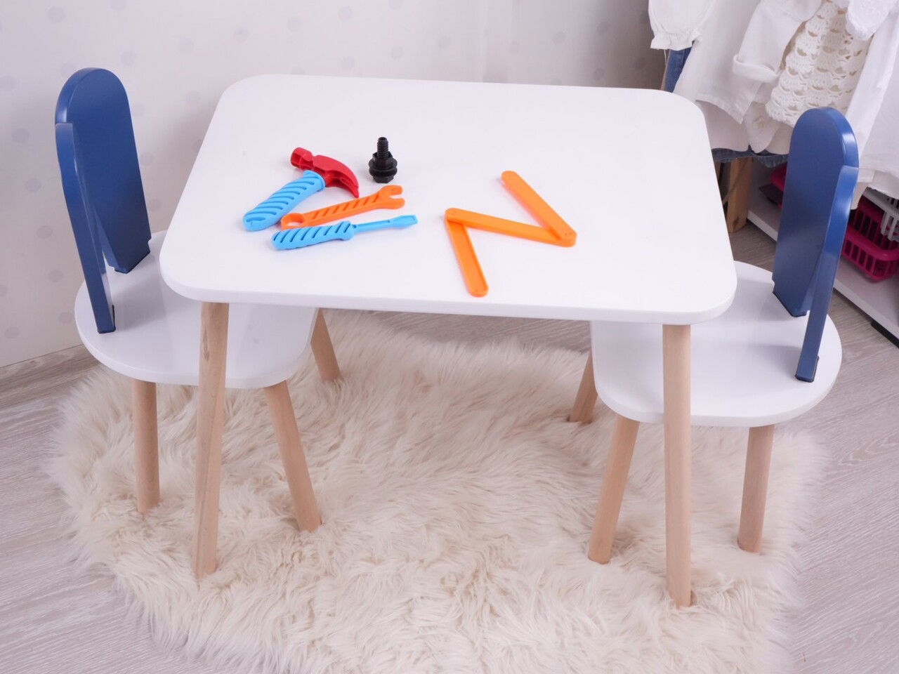 Set masa si scaun pentru copii, Bambini, Bunny Two Chair Set, Albastru / Alb