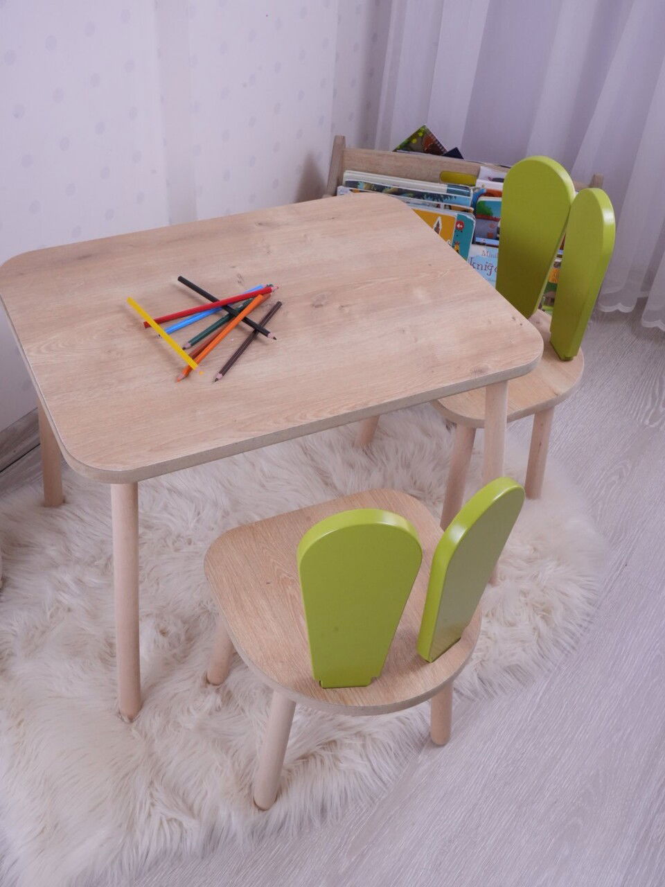 Set masa si scaun pentru copii, Bambini, Bunny Two Chair Set, Verde fistic / Maro