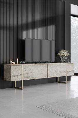 Comoda TV, Bexley, Luxe, Travertin / Auriu
