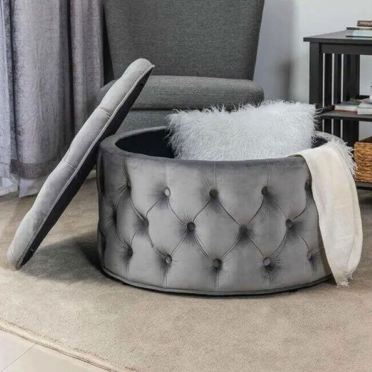 Taburet, Qunef, Nilka Kapitone Pouffe, 70x70 cm, Cadru: 100% MDF, Gri