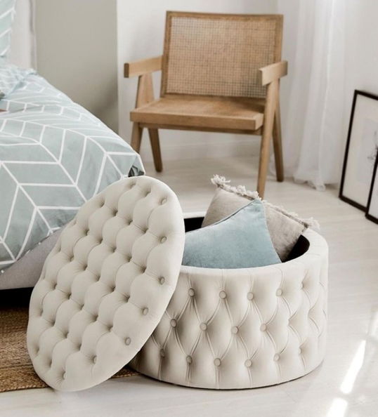 Taburet, Qunef, Nilka Kapitone Pouffe, 70x70 cm, Cadru: 100% MDF, Alb