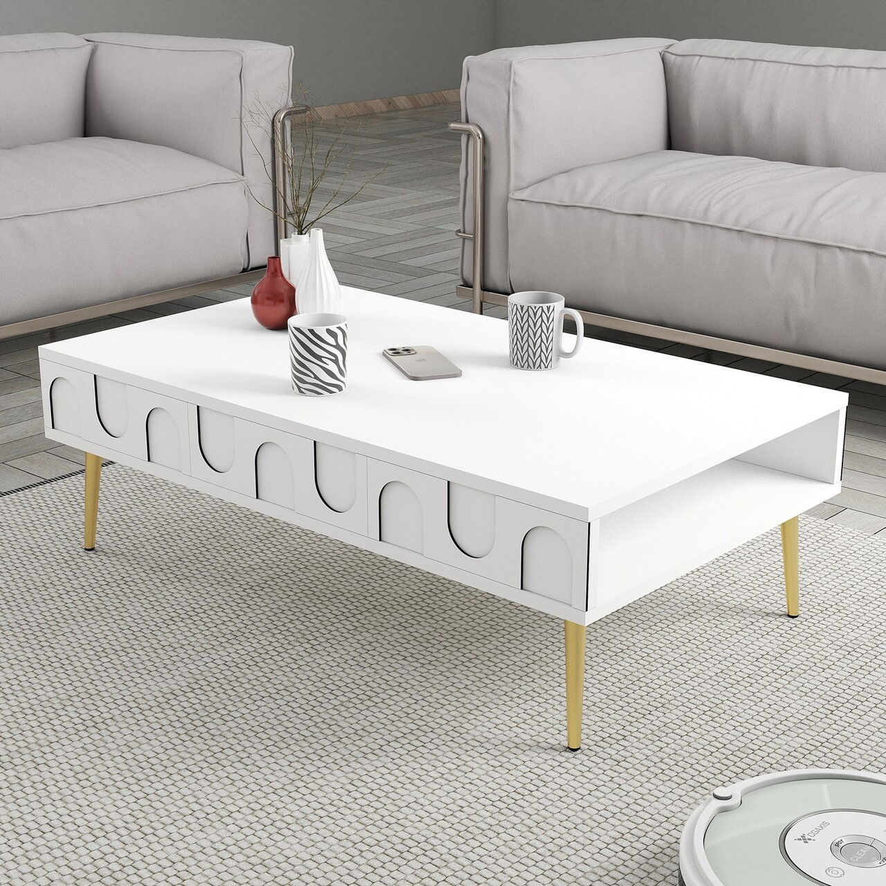 Masuta de cafea, Hommy Craft, Lyon 33, 105x33.6x60 cm, PAL, Alb/Auriu