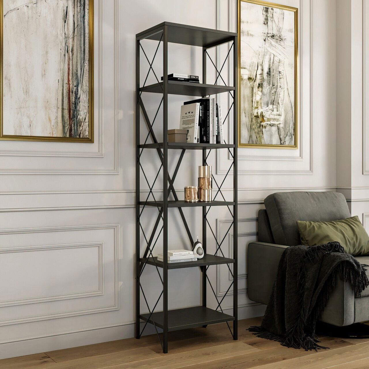 Corp biblioteca, Kalune Design, Suadiye, 50x180x30 cm, PAL, Antracit / Negru