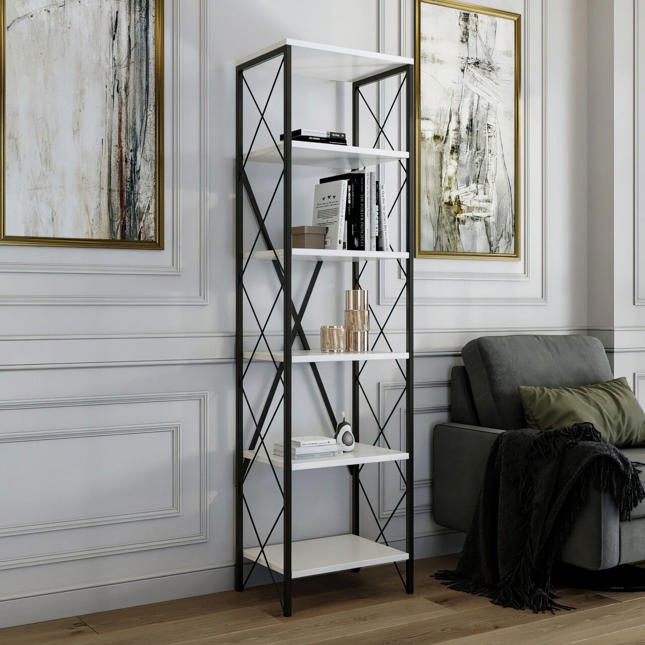 Corp biblioteca, Kalune Design, Suadiye, 50x180x30 cm, PAL, Alb/Negru