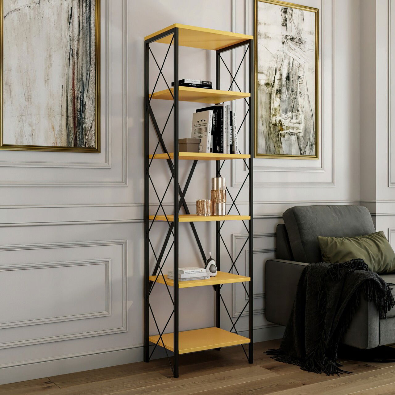 Corp biblioteca, Kalune Design, Suadiye, 50x180x30 cm, PAL, Galben/Negru