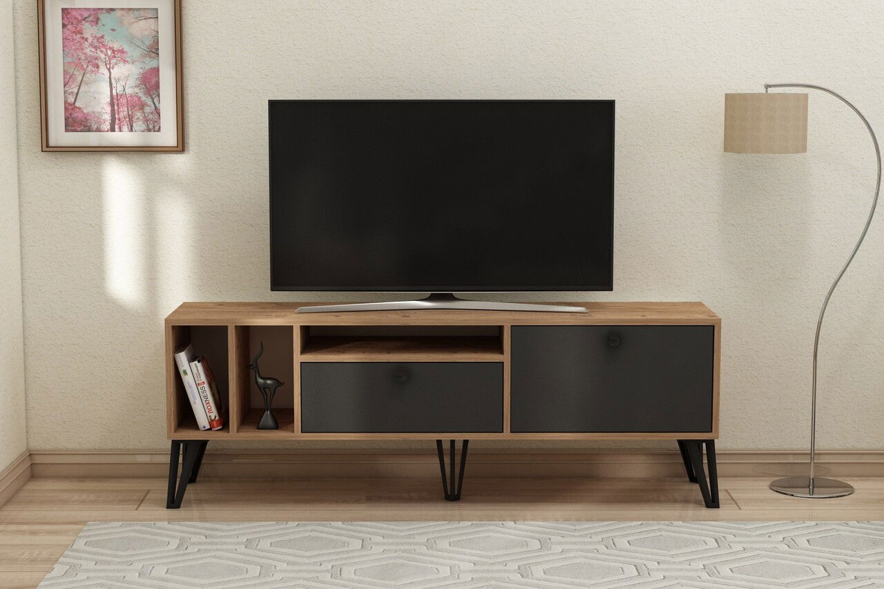 Comoda TV, Coraline, Aris, 150x53x35 cm, PAL, Pin Atlantic / Negru