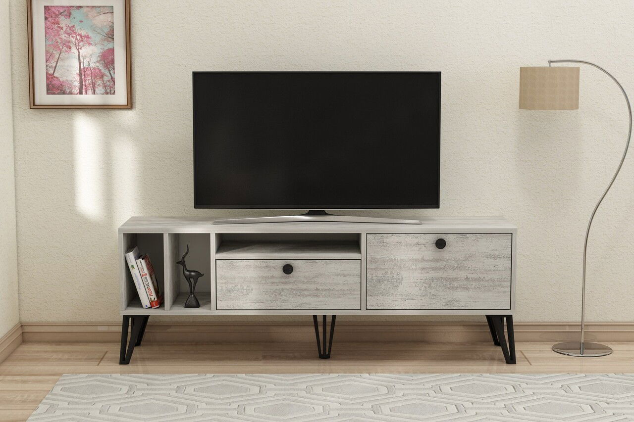 Comoda TV, Coraline, Aris, 150x53x35 cm, PAL, Gri/Alb