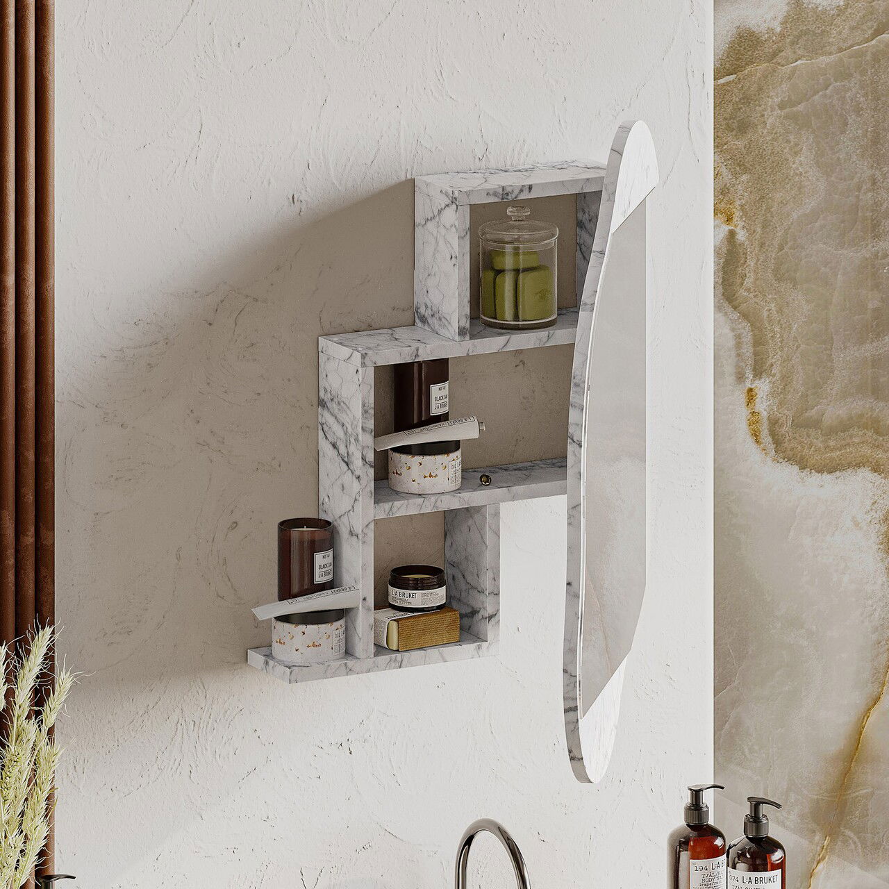 Dulap de baie, Decortie, Cloud Storage Bathroom Wall Mirror, 60x75x13 cm, PAL, Carrara